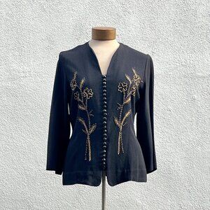Vintage 30s 40s Black Floral Embroidered Crepe Blouse Jacket
